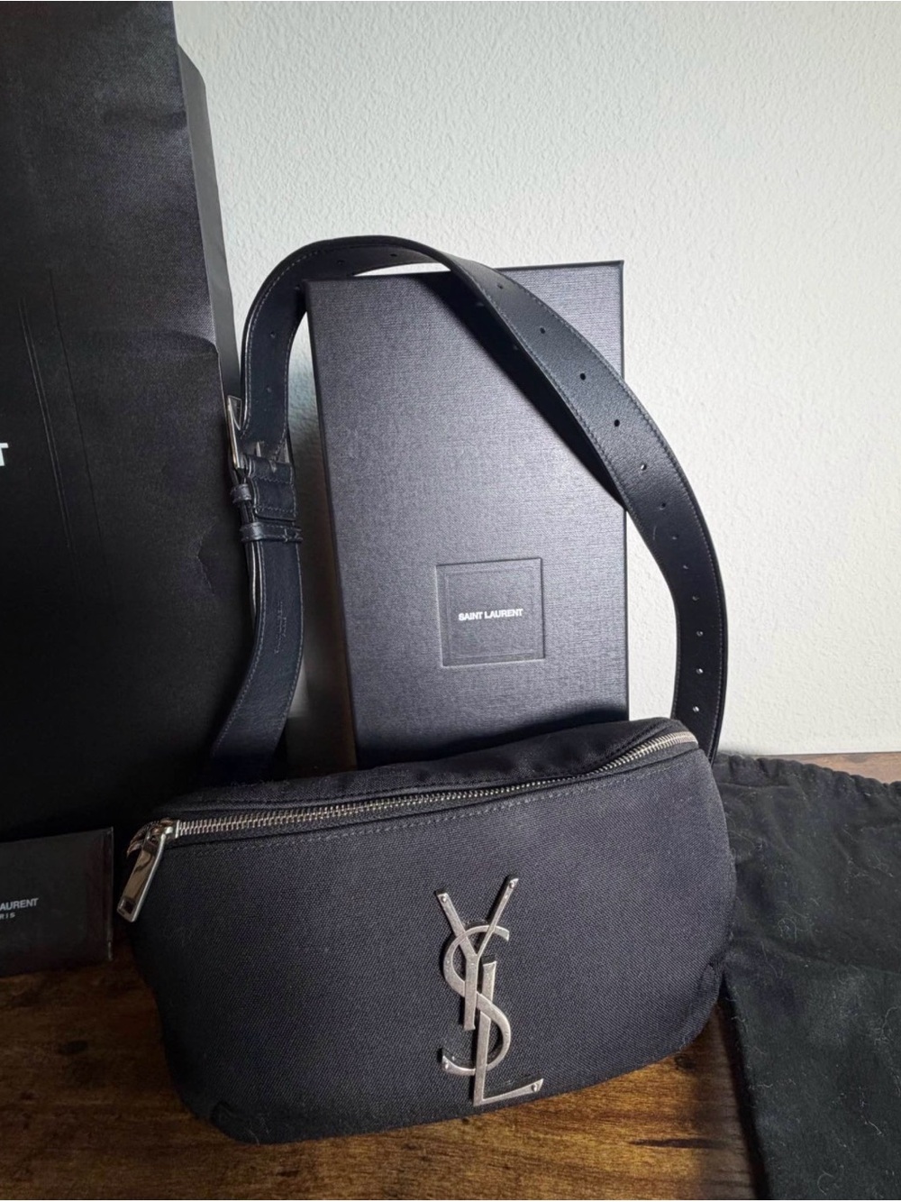 Saint Laurent Black Canvas YSL Belt Bag with Silver Logo